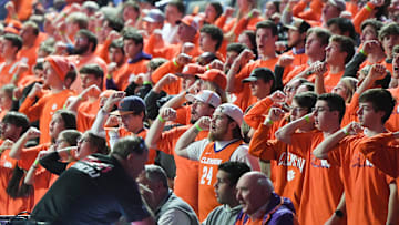 Jan 6, 2024; Clemson, South Carolina, USA; Clemson fans cheer during the first half in the game against North Carolina at Littlejohn Coliseum. Mandatory Credit: Ken Ruinard-Imagn Images