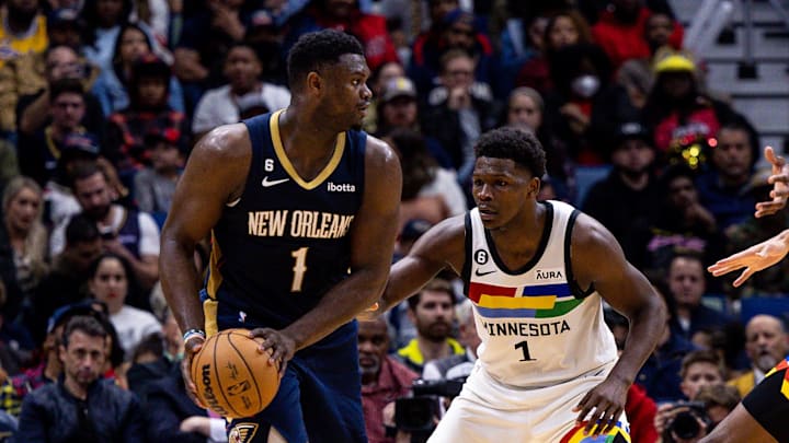 Dec 28, 2022; New Orleans, Louisiana, USA; New Orleans Pelicans forward Zion Williamson (1) looks to pass against Minnesota Timberwolves guard Anthony Edwards (1) during the second half at Smoothie King Center. Mandatory Credit: Stephen Lew-Imagn Images