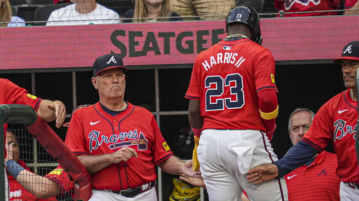 Atlanta Braves center fielder Michael Harris II and manager Brian Snitker.