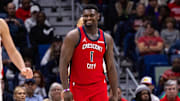 Dec 23, 2023; New Orleans, Louisiana, USA;  New Orleans Pelicans forward Zion Williamson (1) reacts to a play against the Houston Rockets during the second half at Smoothie King Center. Mandatory Credit: Stephen Lew-Imagn Images