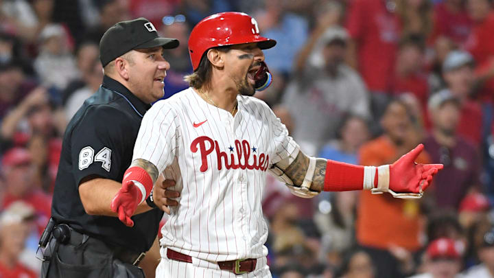 Sep 10, 2024; Philadelphia, Pennsylvania, USA; Philadelphia Phillies outfielder Nick Castellanos (8) reacts after getting hit by a pitch during the eighth inning against the Tampa Bay Rays at Citizens Bank Park.