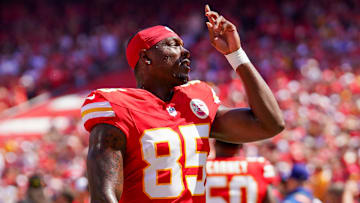 Aug 17, 2024; Kansas City, Missouri, USA; Kansas City Chiefs tight end Geor'Quarius Spivey (85) gestures on field against the Detroit Lions prior to the game at GEHA Field at Arrowhead Stadium.
