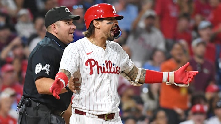 Sep 10, 2024; Philadelphia, Pennsylvania, USA; Philadelphia Phillies outfielder Nick Castellanos (8 )reacts after getting hit by a pitch during the eighth inning against the Tampa Bay Rays at Citizens Bank Park