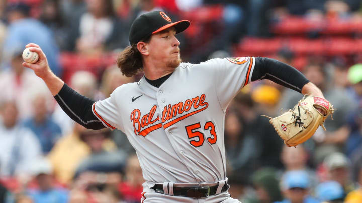 Sep 29, 2022; Boston, Massachusetts, USA; Baltimore Orioles relief pitcher Michael Baumann (53) throws a pitch.