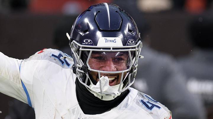 Dec 7, 2025; Cleveland, Ohio, USA; Tennessee Titans safety Mike Brown (44) celebrates after the Titans blocked a field goal attempt by the Cleveland Browns during the fourth quarter at Huntington Bank Field. Mandatory Credit: Scott Galvin-Imagn Images