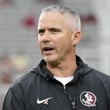 Oct 5, 2024; Tallahassee, Florida, USA; Florida State Seminoles head coach Mike Norvell reacts before the game against the Clemson Tigers at Doak S. Campbell Stadium. Mandatory Credit: Melina Myers-Imagn Images