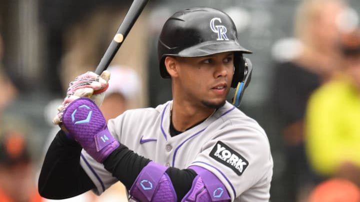 Sep 28, 2025; San Francisco, California, USA; Colorado Rockies shortstop Ezequiel Tovar (14) stands at bat against the San Francisco Giants in the sixth inning at Oracle Park. Mandatory Credit: Eakin Howard-Imagn Images