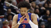Feb 2, 2025; Detroit, Michigan, USA; Detroit Pistons guard Cade Cunningham (2) celebrates in the first half against the Chicago Bulls at Little Caesars Arena. Mandatory Credit: Rick Osentoski-Imagn Images