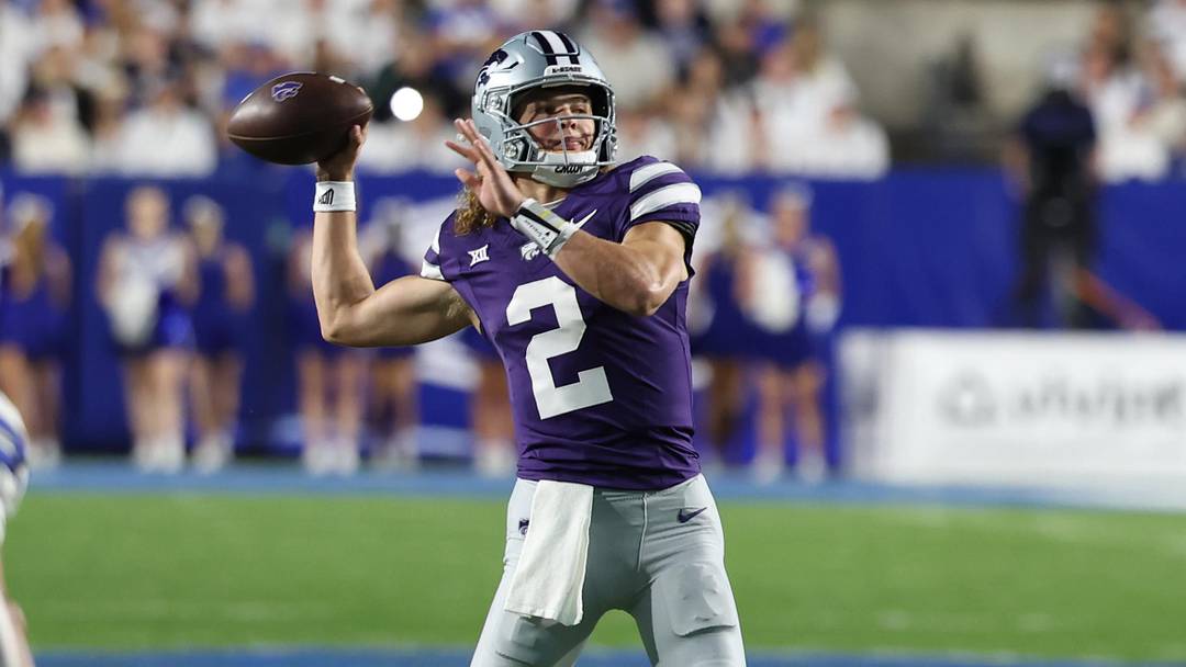 Sep 21, 2024; Provo, Utah, USA; Kansas State Wildcats quarterback Avery Johnson (2) passes the ball against the Brigham Young Cougars during the first quarter at LaVell Edwards Stadium. Mandatory Credit: Rob Gray-Imagn Images