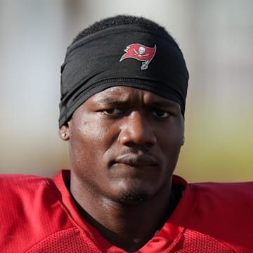 Tampa Bay Buccaneers running back Bucky Irving (7) participates in training camp at AdventHealth Training Center.