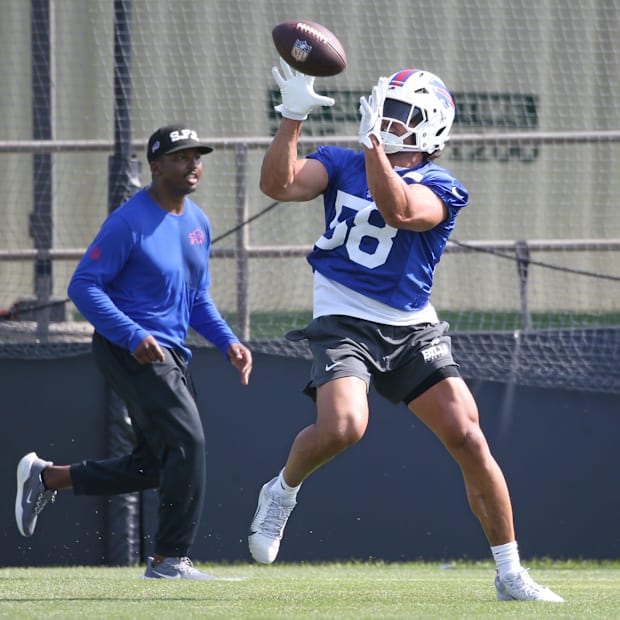 Matt Milano pulls in a pass during interception drills