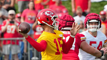 Jul 22, 2025; St. Joseph, MO, USA; Kansas City Chiefs quarterback Patrick Mahomes (15) throws a pass during training camp at Missouri Western State University. Mandatory Credit: Denny Medley-Imagn Images