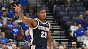 Dec 5, 2025; Nashville, TN, USA;  Gonzaga Bulldogs guard Adam Miller (23) reacts after a made three point basket against the Kentucky Wildcats during the second half at Bridgestone Arena.