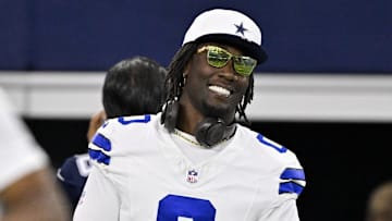 Aug 16, 2025; Arlington, Texas, USA; Dallas Cowboys linebacker DeMarvion Overshown (0) looks on before the game between the Dallas Cowboys and the Baltimore Ravens at AT&T Stadium. Mandatory Credit: Jerome Miron-Imagn Images