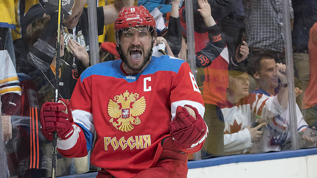 Sep 18, 2016; Toronto, Ontario, Canada; Team Russia Left winger Alex Ovechkin (8) celebrates a goal that would be later called back during the third period in the preliminary round play against Team Sweden in the 2016 World Cup of Hockey at Air Canada Centre. Team Sweden won 2-1. Mandatory Credit: Nick Turchiaro-Imagn Images