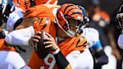 Sep 14, 2025; Cincinnati, Ohio, USA; Cincinnati Bengals quarterback Joe Burrow (9) runs with the ball against the Jacksonville Jaguars in the first half at Paycor Stadium. Mandatory Credit: Katie Stratman-Imagn Images