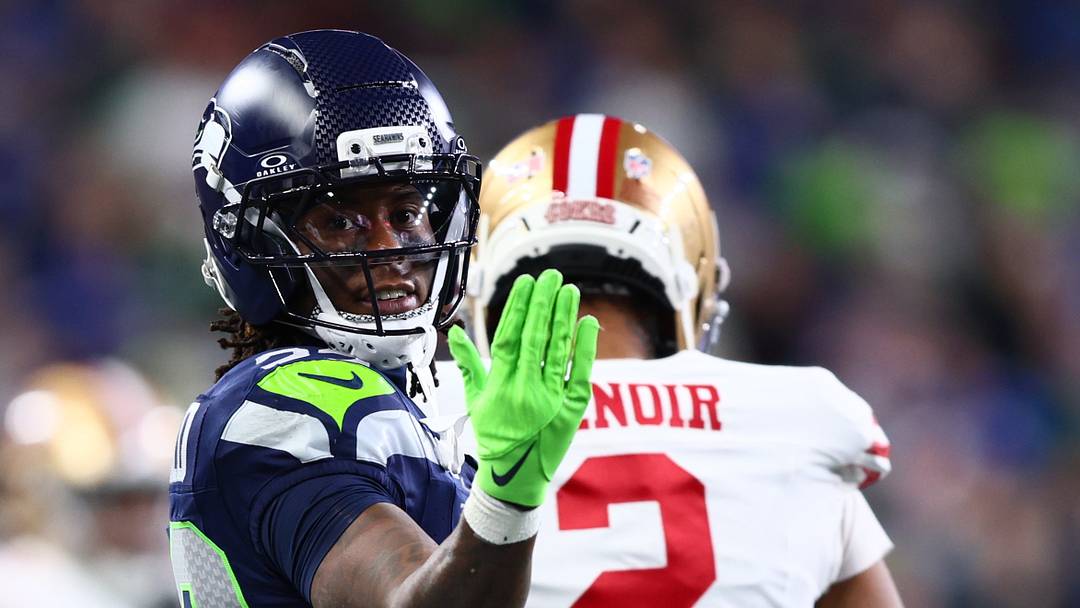 Jan 17, 2026; Seattle, WA, USA; Seattle Seahawks wide receiver Rashid Shaheed (22) reads after a first down reception against the San Francisco 49ers during the first half in an NFC Divisional Round game at Lumen Field. Mandatory Credit: Kevin Ng-Imagn Images