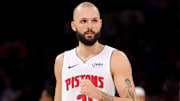 Feb 26, 2024; New York, New York, USA; Detroit Pistons guard Evan Fournier (31) reacts during the fourth quarter against the New York Knicks at Madison Square Garden. Mandatory Credit: Brad Penner-Imagn Images