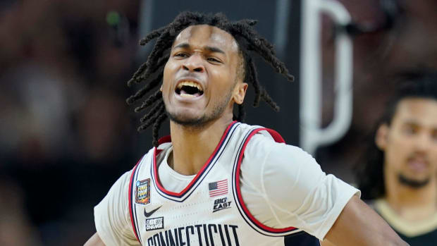 Connecticut Huskies guard Stephon Castle (5) celebrates after a foul call during the NCAA Men’s Basketball Tournament Championship against the Purdue Boilermakers, Monday, April 8, 2024, at State Farm Stadium in Glendale, Ariz.