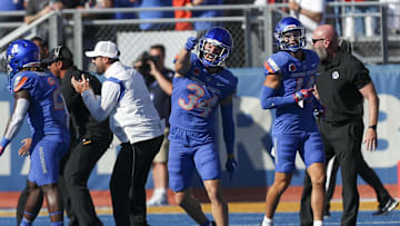 Sep 9, 2023; Boise, Idaho, USA; Boise State Broncos safety Alexander Teubner (34) reacts during the first half of action versus the UCF Knights at Albertsons Stadium. Mandatory Credit: Brian Losness-Imagn Images

