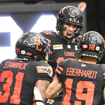 Jun 15, 2024; Vancouver, British Columbia, CAN; BC Lions wide receiver Justin McInnis (18) celebrates a touchdown during the second half against the Calgary Stampeders at BC Place. Mandatory Credit: Simon Fearn-USA TODAY Sports