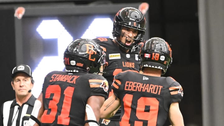 Jun 15, 2024; Vancouver, British Columbia, CAN; BC Lions wide receiver Justin McInnis (18) celebrates a touchdown during the second half against the Calgary Stampeders at BC Place. Mandatory Credit: Simon Fearn-USA TODAY Sports