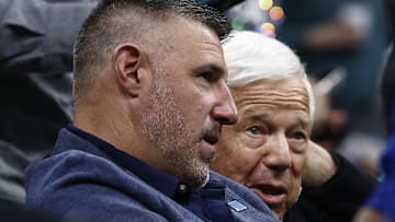 New England Patriots head coach Mike Vrabel, left, talks with Patriots owner Robert Kraft courtside during the second half of game two of the first round of the 2024 NBA Playoffs between the Boston Celtics and the Orlando Magic at TD Garden.