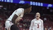 Wisconsin's Serah Williams celebrates after scoring a basket while drawing a foul during the first half of the Badgers' season opener against Wright State on Tuesday Nov. 5, 2024 at the Kohl Center in Madison, Wisconsin.