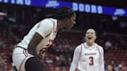 Wisconsin's Serah Williams celebrates after scoring a basket while drawing a foul during the first half of the Badgers' season opener against Wright State on Tuesday Nov. 5, 2024 at the Kohl Center in Madison, Wisconsin.