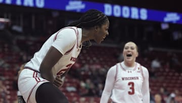 Wisconsin's Serah Williams celebrates after scoring a basket while drawing a foul during the first half of the Badgers' season opener against Wright State on Tuesday Nov. 5, 2024 at the Kohl Center in Madison, Wisconsin.