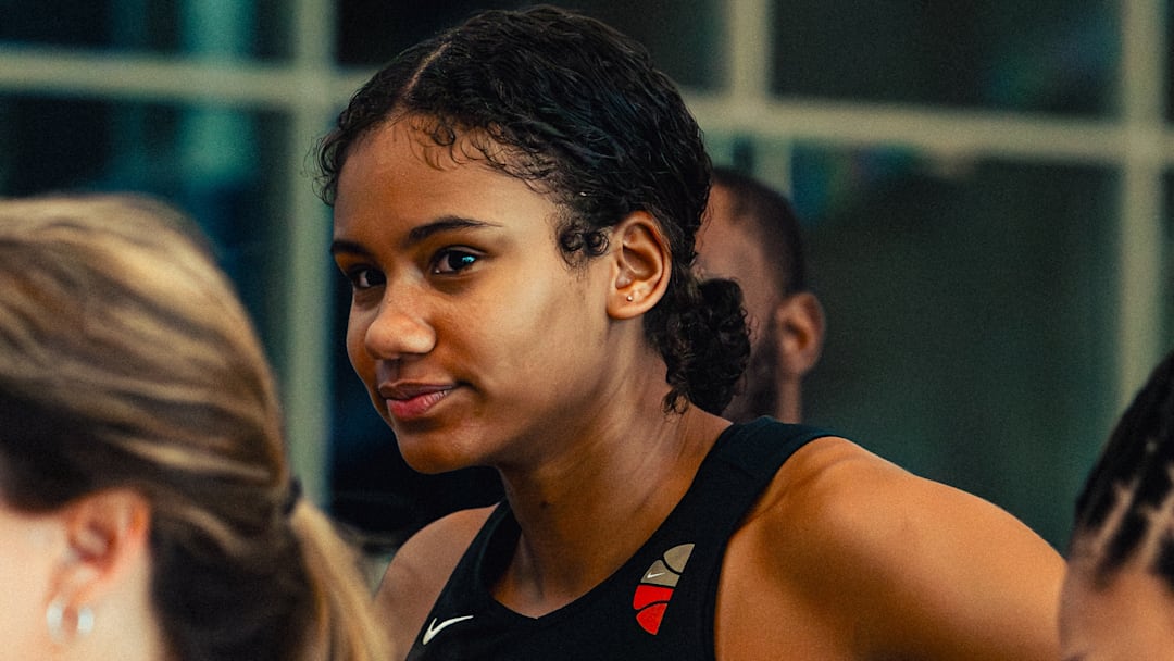 Apr 7, 2026; Portland, OR, USA; Sitaya Fagan stands outside a huddle during World Select Team practice at the 2026 Nike Hoop Summit