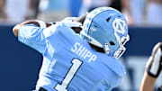 Sep 13, 2025; Chapel Hill, North Carolina, USA; North Carolina Tar Heels wide receiver Jordan Shipp (1) makes a catch in the second quarter at Kenan Stadium. Mandatory Credit: Bob Donnan-Imagn Images