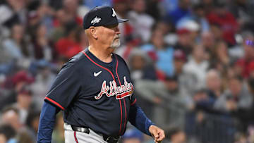 May 27, 2025; Philadelphia, Pennsylvania, USA; Atlanta Braves manager Brian Snitker (43) walks to the mound to make a pitching change during the fifth inning against the Philadelphia Phillies at Citizens Bank Park.