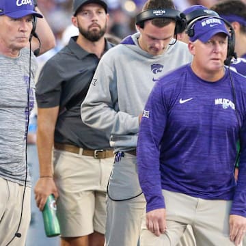 Aug 31, 2024; Manhattan, Kansas, USA; Kansas State Wildcats head coach Chris Klieman watches the game during the third quarter against the Tennessee-Martin Skyhawks at Bill Snyder Family Football Stadium. Mandatory Credit: Scott Sewell-Imagn Images