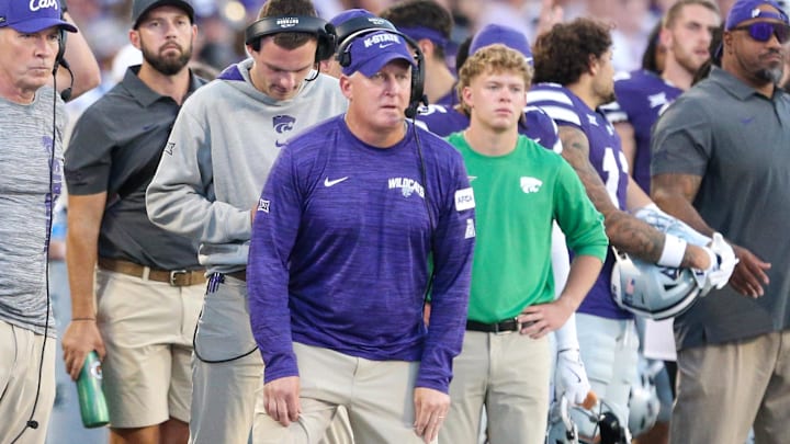 Aug 31, 2024; Manhattan, Kansas, USA; Kansas State Wildcats head coach Chris Klieman watches the game during the third quarter against the Tennessee-Martin Skyhawks at Bill Snyder Family Football Stadium. Mandatory Credit: Scott Sewell-Imagn Images