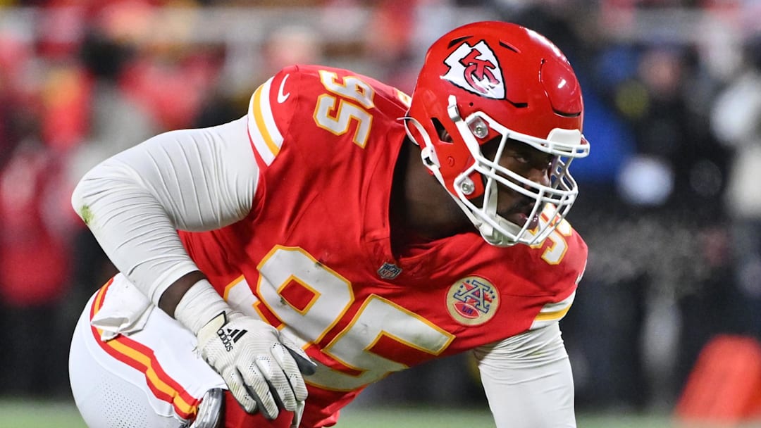 Dec 7, 2025; Kansas City, Missouri, USA; Kansas City Chiefs defensive tackle Chris Jones (95) lines up for the snap during the second quarter against the Houston Texans at GEHA Field at Arrowhead Stadium. Mandatory Credit: Amy Kontras-Imagn Images