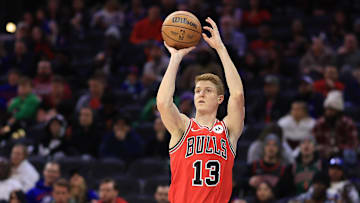 Feb 24, 2025; Philadelphia, Pennsylvania, USA; Chicago Bulls guard Kevin Huerter (13) shoots the ball against the Philadelphia 76ers during the third quarter at Wells Fargo Center. Mandatory Credit: Bill Streicher-Imagn Images