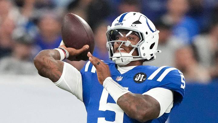 Indianapolis Colts quarterback Anthony Richardson (5) throws a pass Sunday, Oct. 5, 2025, during a game against the Las Vegas Raiders at Lucas Oil Stadium in Indianapolis. The Colts defeated the Raiders 40-6.