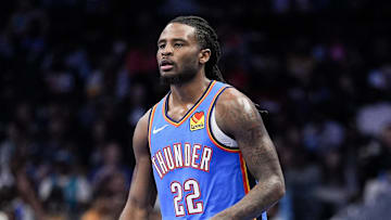Nov 15, 2025; Charlotte, North Carolina, USA; Oklahoma City Thunder guard Cason Wallace (22) sets the play against the Charlotte Hornets during the second half at Spectrum Center. Mandatory Credit: Jim Dedmon-Imagn Images