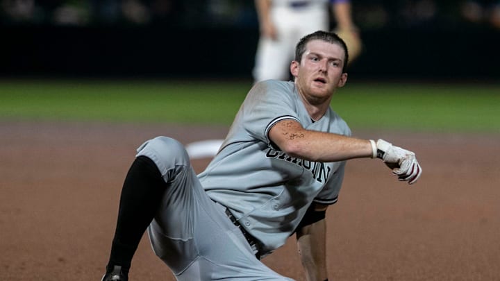 Gamecocks shortstop Braylen Wimmer (3) stumbles on his way to second in the top of the fifth inning against Florida in Game 1 of NCAA Super Regionals, Friday, June 9, 2023, at Condron Family Ballpark in Gainesville, Florida.Florida beat the Gamecocks 5-4. Gamecocks shortstop Braylen Wimmer (3) stumbles on his way to second in the top of the fifth inning against Florida in Game 1 of NCAA Super Regionals, Friday, June 9, 2023, at Condron Family Ballpark in Gainesville, Florida.Florida beat the Gamecocks 5-4.