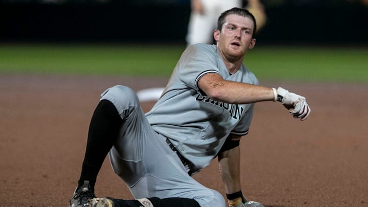 Gamecocks shortstop Braylen Wimmer (3) stumbles on his way to second in the top of the fifth inning against Florida in Game 1 of NCAA Super Regionals, Friday, June 9, 2023, at Condron Family Ballpark in Gainesville, Florida. Florida beat the Gamecocks 5-4. Gamecocks shortstop Braylen Wimmer (3) stumbles on his way to second in the top of the fifth inning against Florida in Game 1 of NCAA Super Regionals, Friday, June 9, 2023, at Condron Family Ballpark in Gainesville, Florida. Florida beat the Gamecocks 5-4.