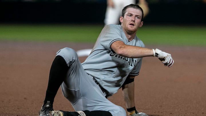 Gamecocks shortstop Braylen Wimmer (3) stumbles on his way to second in the top of the fifth inning against Florida  in Game 1 of NCAA Super Regionals, Friday, June 9, 2023, at Condron Family Ballpark in Gainesville, Florida.Florida beat the Gamecocks 5-4.  