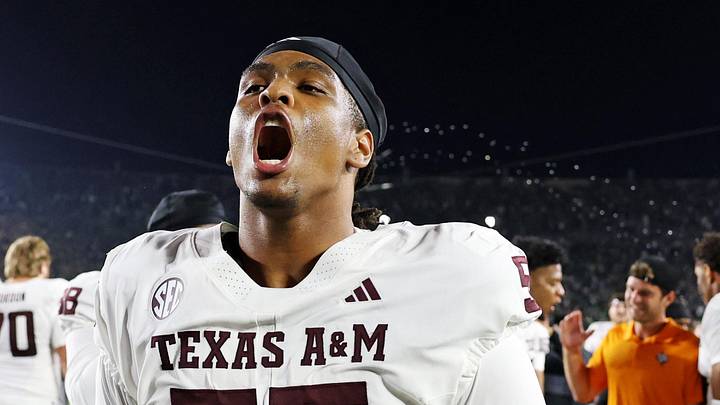Sep 13, 2025; South Bend, Indiana, USA; Texas A&M Aggies defensive lineman Dealyn Evans (55) celebrates after their win against Notre Dame Fighting Irish at Notre Dame Stadium. Mandatory Credit: Trevor Ruszkowski-Imagn Images