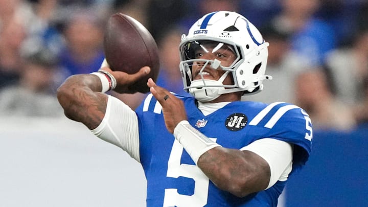 Oct 5, 2025; Indianapolis, Indiana, USA; Indianapolis Colts quarterback Anthony Richardson (5) throws a pass during a game against the Las Vegas Raiders  at Lucas Oil Stadium. 
