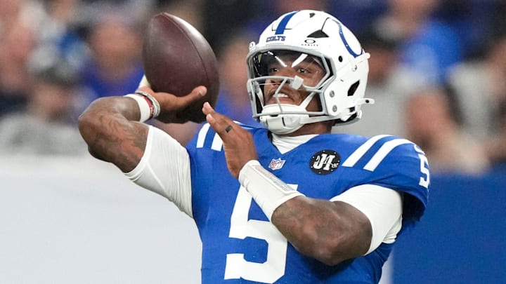 Oct 5, 2025; Indianapolis, Indiana, USA; Indianapolis Colts quarterback Anthony Richardson (5) throws a pass during a game against the Las Vegas Raiders  at Lucas Oil Stadium. Mandatory Credit: Christine Tannous-USA TODAY Network via Imagn Images