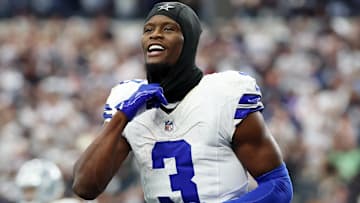 Sep 14, 2025; Arlington, Texas, USA; Dallas Cowboys wide receiver George Pickens (3) reacts after a play against the New York Giants during the fourth quarter at AT&T Stadium. Mandatory Credit: Kevin Jairaj-Imagn Images