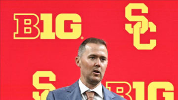 Jul 24, 2024; Indianapolis, IN, USA;  USC Trojans head coach Lincoln Riley speaks to the media during the Big 10 football media day at Lucas Oil Stadium. Mandatory Credit: Robert Goddin-USA TODAY Sports