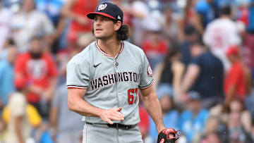 Aug 18, 2024; Philadelphia, Pennsylvania, USA; Washington Nationals pitcher Kyle Finnegan (67) celebrates win against the Philadelphia Phillies at Citizens Bank Park. Mandatory Credit: Eric Hartline-Imagn Images