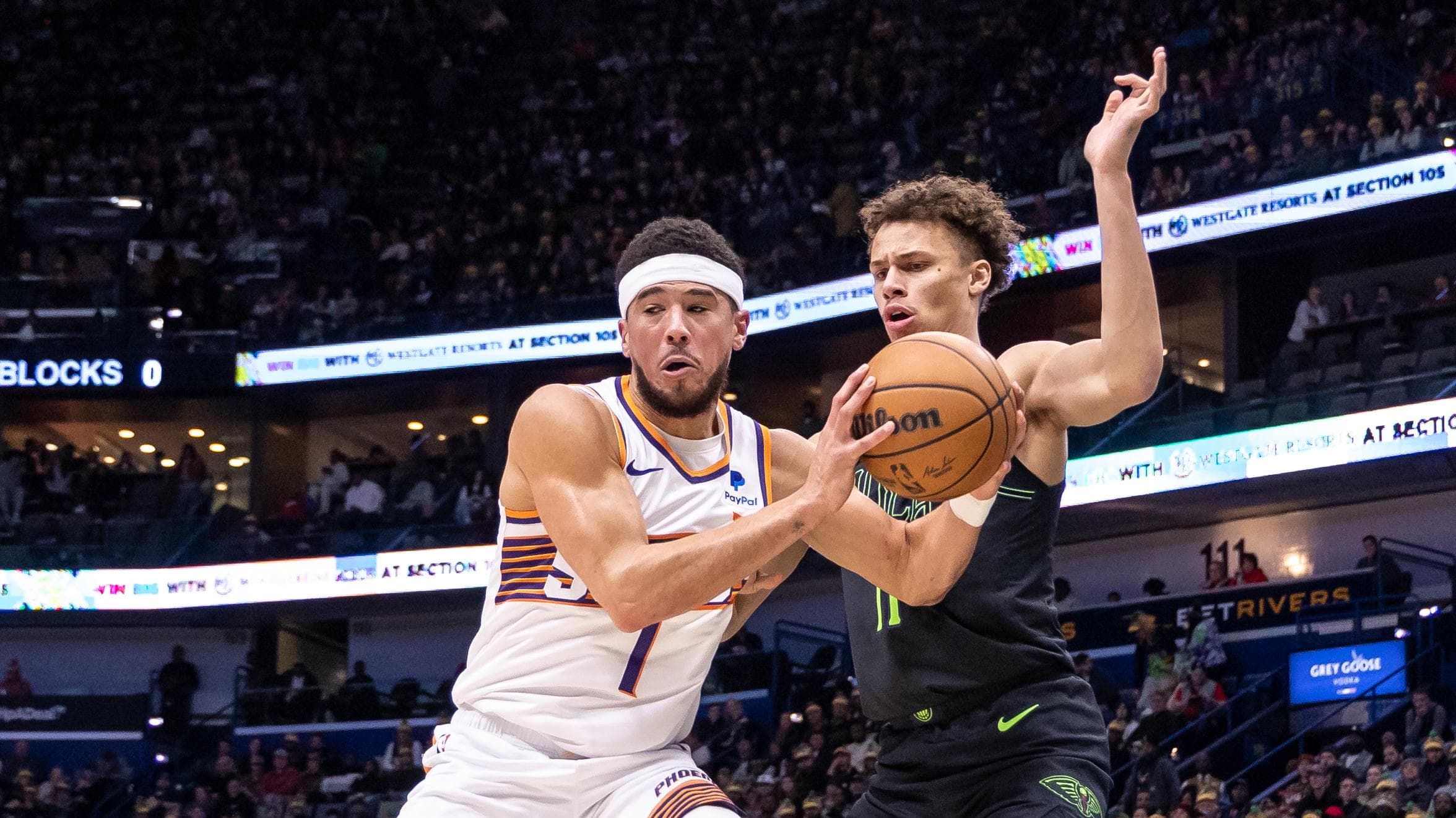 Jan 19, 2024; New Orleans, Louisiana, USA;  Phoenix Suns guard Devin Booker (1) dribbles against New