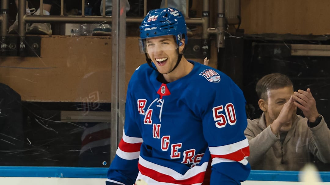 Apr 5, 2026; New York, New York, USA; New York Rangers left wing Will Cuylle (50) celebrates his hat trick goal against the Washington Capitals during the third period at Madison Square Garden. Mandatory Credit: Danny Wild-Imagn Images Apr 5, 2026; New York, New York, USA; New York Rangers left wing Will Cuylle (50) celebrates his hat trick goal against the Washington Capitals during the third period at Madison Square Garden. Mandatory Credit: Danny Wild-Imagn Images